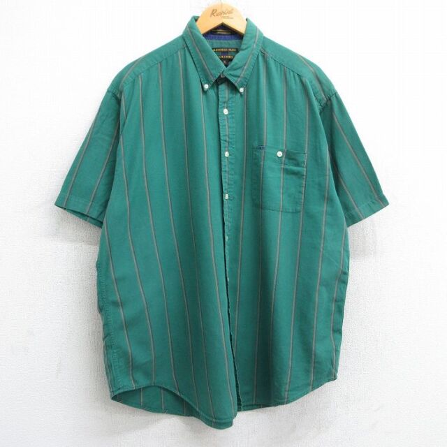 XL★古着 半袖 シャツ メンズ 00年代 00s 大きいサイズ コットン ボタンダウン 緑他 グリーン ストライプ 25jul01 中古 トップス