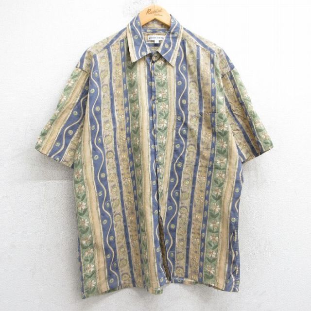 XL★古着 ピエールカルダン pierre cardin 半袖 ブランド シャツ メンズ 90年代 90s 花 コットン ベージュ他 カーキ 25jul02 中古 トップス