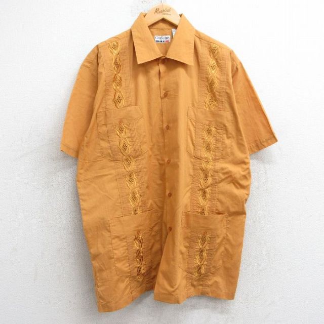 XL★古着 半袖 キューバ シャツ メンズ 90年代 90s 刺繍 オレンジ系 25jul02 中古 トップス