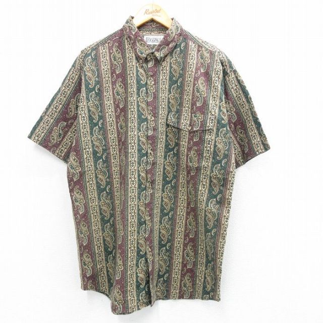 L★古着 半袖 シャツ メンズ 00年代 00s ペイズリー柄 ロング丈 コットン ボタンダウン 緑他 グリーン 25jul02 中古 トップス