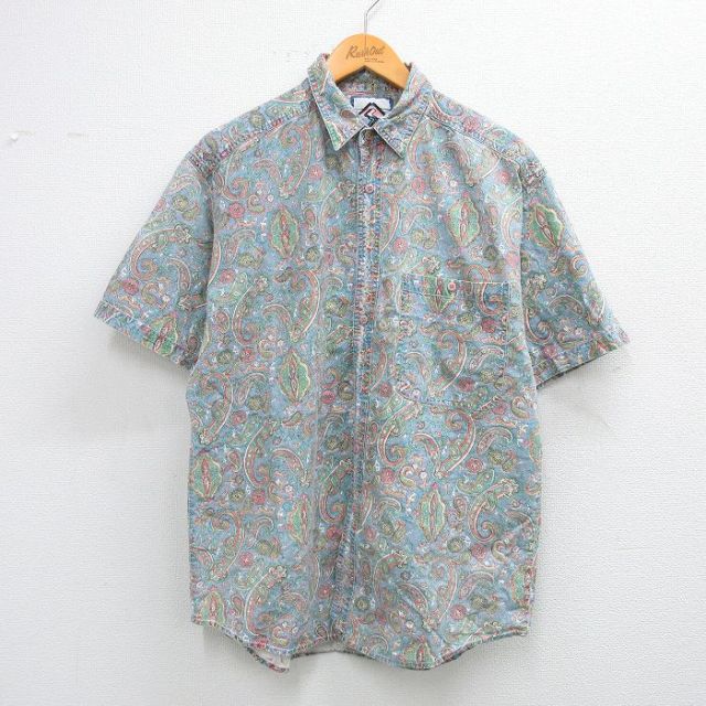 M★古着 半袖 シャツ メンズ 90年代 90s ペイズリー柄 コットン 薄紺他 ネイビー 25jul02 中古 トップス