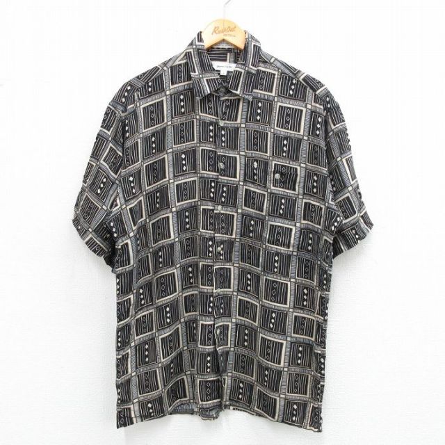 L★古着 ピエールカルダン pierre cardin 半袖 ブランド シャツ メンズ 90年代 90s 総柄 レーヨン 黒他 ブラック 25jul02 中古 トップス