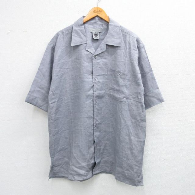 XL★古着 半袖 シャツ メンズ ロング丈 リネン 開襟 オープンカラー グレー 25jul02 中古 トップス