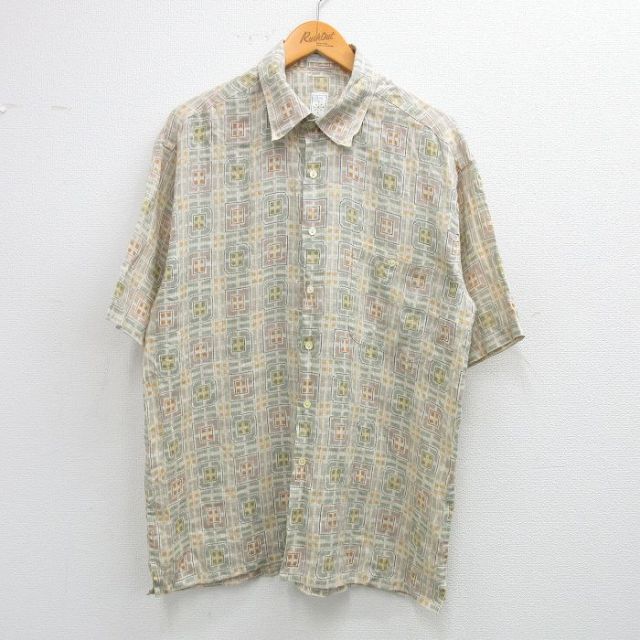 L★古着 半袖 シャツ メンズ リネン 薄緑系他 グリーン 25jul02 中古 トップス