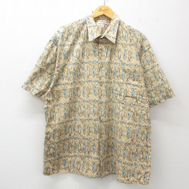 XL★古着 ピエールカルダン pierre cardin 半袖 ブランド シャツ メンズ 90年代 90s 総柄 大きいサイズ コットン ベージュ他 カーキ 25jul02 中古 トップス
