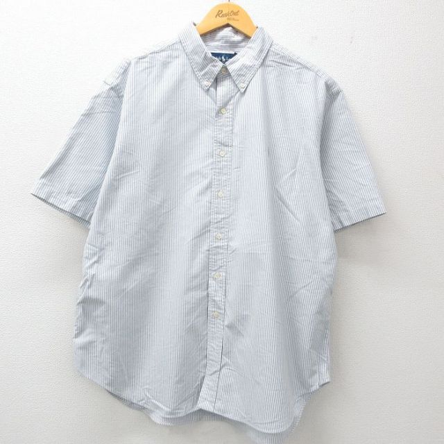 XL★古着 ラルフローレン Ralph Lauren 半袖 ブランド シャツ メンズ 90年代 90s ワンポイントロゴ オックスフォード 大きいサイズ コットン ボタンダウン 薄紺他 ネイビー ストライプ 25jul02 中古 トップス