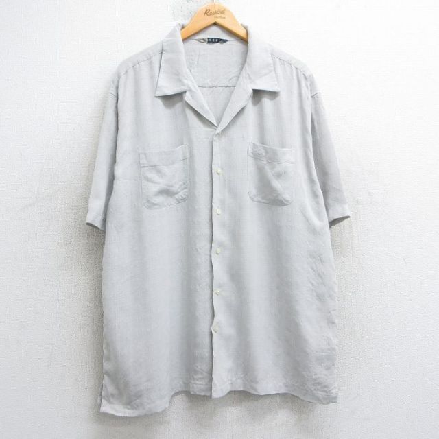 XL★古着 オービー 半袖 シャツ メンズ 大きいサイズ レーヨン 開襟 オープンカラー 薄グレー チェック 25jul02 中古 トップス