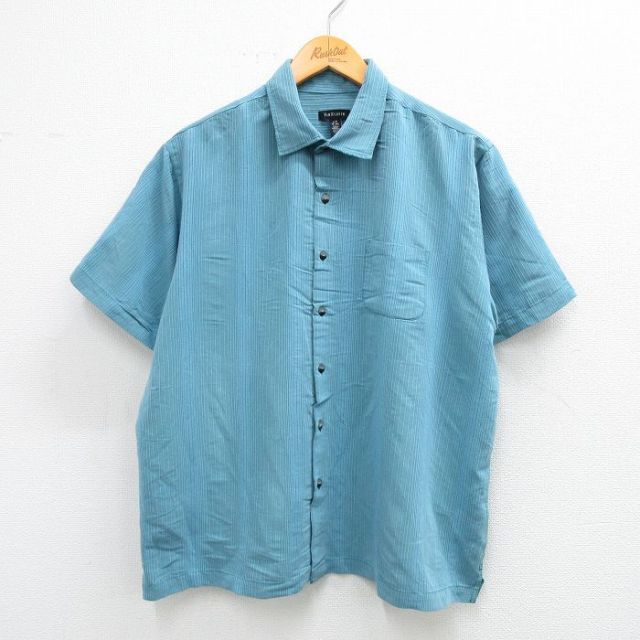 【50%OFF】XL★古着 バンヒューセン 半袖 シャツ メンズ 薄青緑系 ストライプ 25jul03 中古 トップス