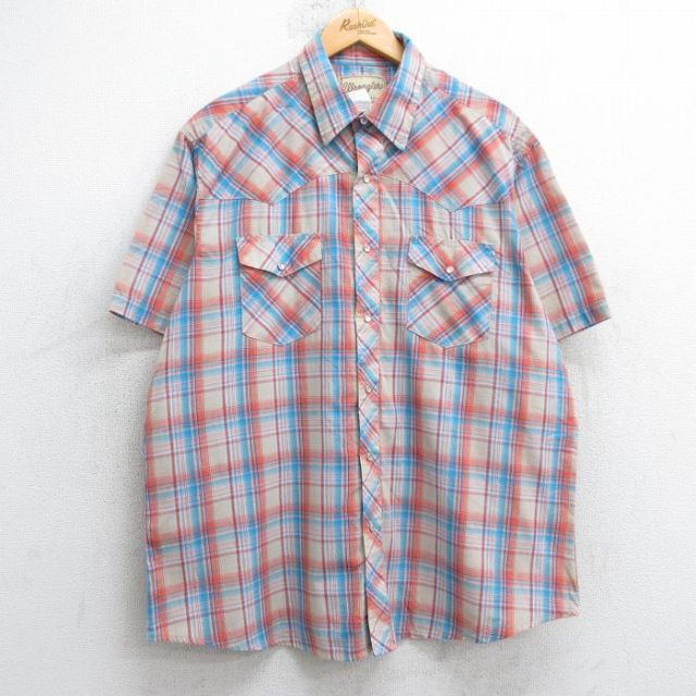 XL★古着 ラングラー Wrangler 半袖 ウエスタン シャツ メンズ 大きいサイズ ベージュ他 カーキ チェック 25jul04 中古 トップス