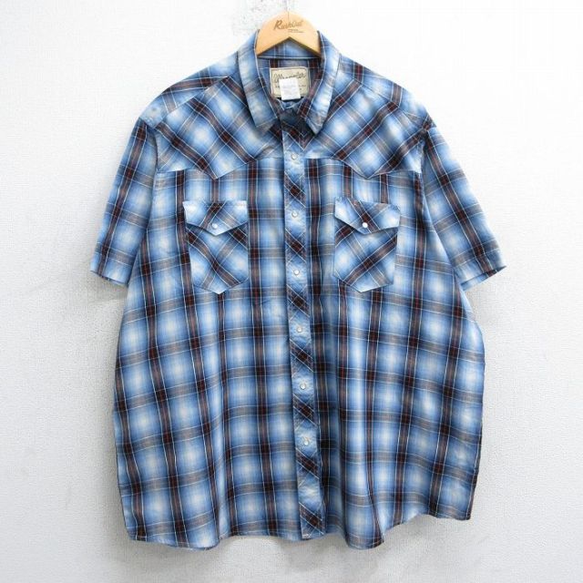 XL★古着 ラングラー Wrangler 半袖 ウエスタン シャツ メンズ 大きいサイズ 青他 ブルー オンブレ チェック 【spe】 25jul04 中古 トップス