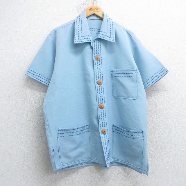 L★古着 半袖 シャツ メンズ 開襟 オープンカラー 水色 25jul04 中古 トップス