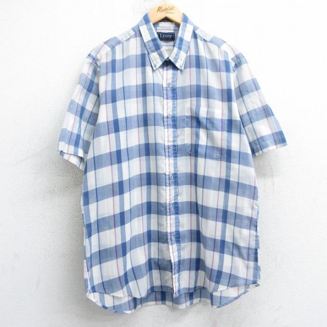 L★古着 リーバイス Levis 半袖 シャツ メンズ 90年代 90s ボタンダウン 薄紺他 ネイビー チェック 25jul04 中古 トップス