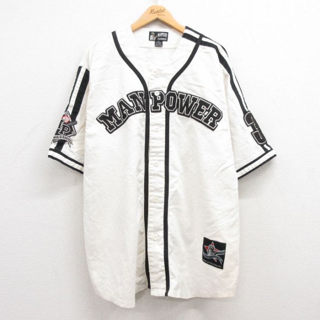 XL★古着 半袖 ベースボール シャツ メンズ MANPOWER リネン 生成り 25jul04 中古 トップス