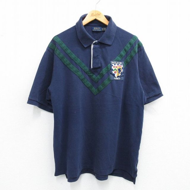【50%OFF】XL★古着 ラルフローレン Ralph Lauren 半袖 ブランド ラガー シャツ メンズ ワンポイントロゴ 鹿の子 大きいサイズ コットン 紺他 ネイビー 【spe】 25jul05 中古 トップス