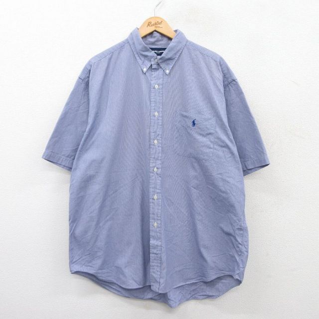 XL★古着 ラルフローレン Ralph Lauren 半袖 ブランド シャツ メンズ 90年代 90s ワンポイントロゴ TILDEN 大きいサイズ ロング丈 コットン ボタンダウン 紺他 ネイビー チェック 25jul04 中古 トップス