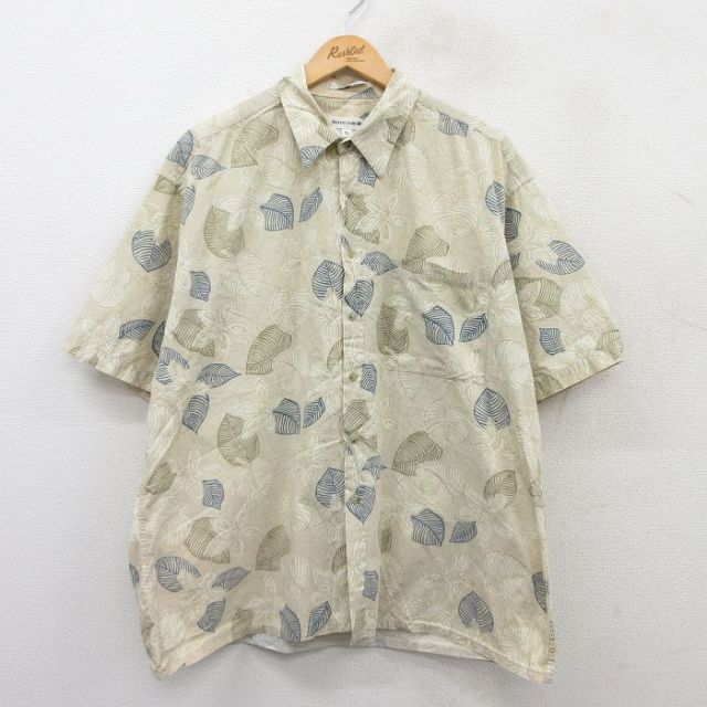 XL★古着 ピエールカルダン pierre cardin 半袖 ブランド シャツ メンズ 90年代 90s 花 葉 大きいサイズ コットン 薄ベージュ他 カーキ 25jul04 中古 トップス
