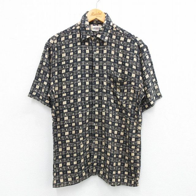 M★古着 半袖 シャツ メンズ 00年代 00s 総柄 レーヨン 黒他 ブラック 25jul07 中古 トップス