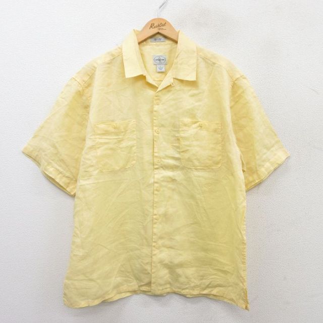 XL★古着 半袖 シャツ メンズ リネン 開襟 オープンカラー 黄 イエロー 25jul08 中古 トップス
