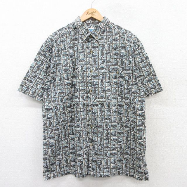 【50%OFF】XL★古着 半袖 シャツ メンズ 90年代 90s 魚 総柄 大きいサイズ コットン ボタンダウン USA製 薄紺系他 ネイビー 25jul09 中古 トップス