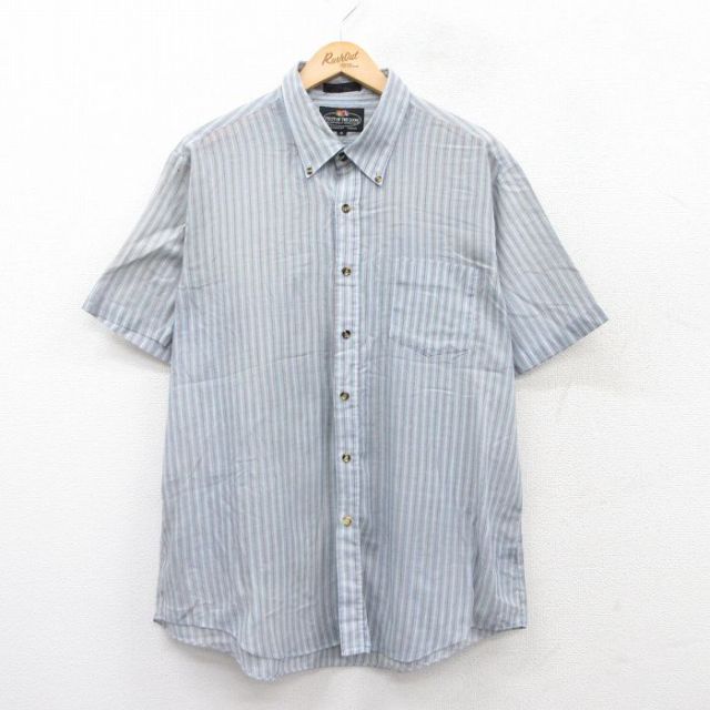 XL★古着 フルーツオブザルーム 半袖 シャツ メンズ 00年代 00s ボタンダウン 薄紺他 ネイビー ストライプ 25jul09 中古 トップス
