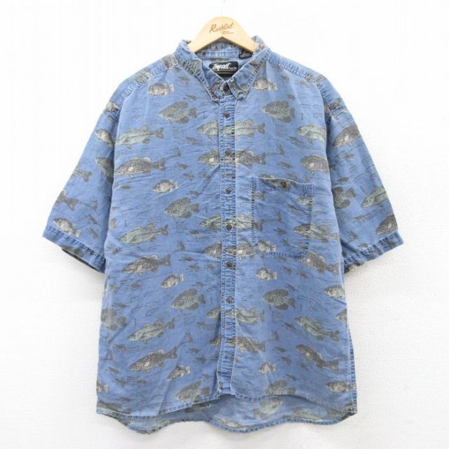 【50%OFF】XL★古着 半袖 シャツ メンズ 90年代 90s 魚 ルアー 総柄 ボタンダウン 紺他 ネイビー 【spe】 25jul09 中古 トップス
