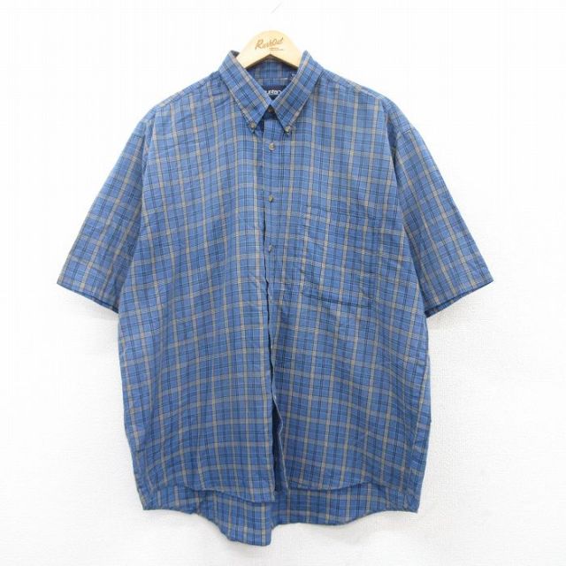 XL★古着 ピューリタン 半袖 シャツ メンズ 00年代 00s 大きいサイズ ボタンダウン 紺他 ネイビー チェック 25jul09 中古 トップス