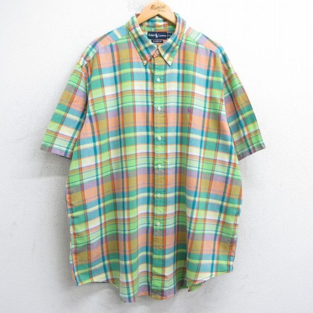 XL★古着 ラルフローレン Ralph Lauren 半袖 ブランド シャツ メンズ 90年代 90s ワンポイントロゴ 大きいサイズ ロング丈 コットン ボタンダウン 緑他 グリーン チェック 25jul10 中古 トップス