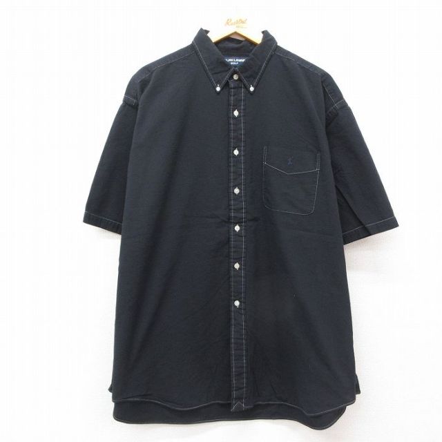 XL★古着 ラルフローレン Ralph Lauren ゴルフ 半袖 ブランド シャツ メンズ 90年代 90s ワンポイントロゴ TILDEN シアサッカー 大きいサイズ ロング丈 コットン ボタンダウン 黒 ブラック 25jul14 中古 トップス