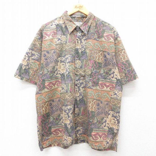 XL★古着 半袖 シャツ メンズ 90年代 90s 総柄 コットン USA製 ベージュ他 カーキ 25jul14 中古 トップス