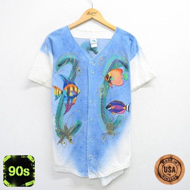 【50%OFF】90s 半袖ベースボールシャツ 魚 ホワイト M | 古着