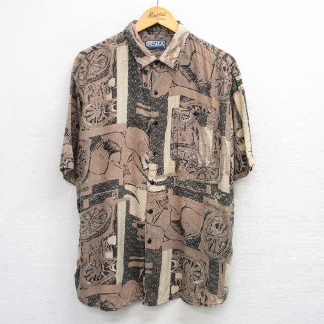 XL★古着 半袖 シャツ メンズ 90年代 90s 総柄 大きいサイズ 茶他 ブラウン 【spe】 25jul24 中古 トップス