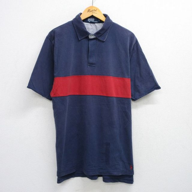 ラルフローレン 90s 半袖ラガーシャツ 裾ロゴ ネイビー L | 古着