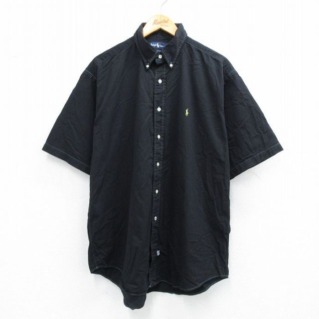 XL★古着 ラルフローレン Ralph Lauren 半袖 ブランド シャツ メンズ 90年代 90s ワンポイントロゴ 大きいサイズ コットン ボタンダウン 黒 ブラック 25jul26 中古 トップス