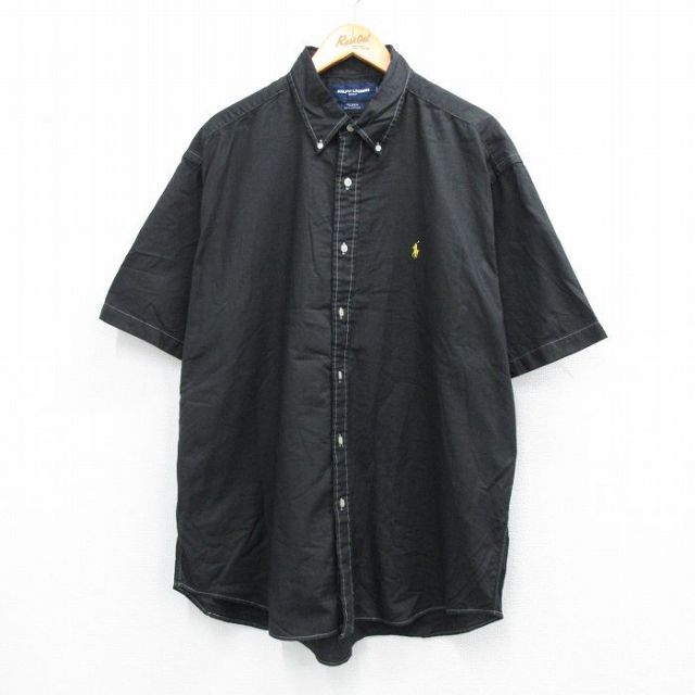 XL★古着 ラルフローレン Ralph Lauren ゴルフ 半袖 ブランド シャツ メンズ 90年代 90s TILDEN 大きいサイズ ロング丈 コットン ボタンダウン 黒 ブラック 25jul26 中古 トップス
