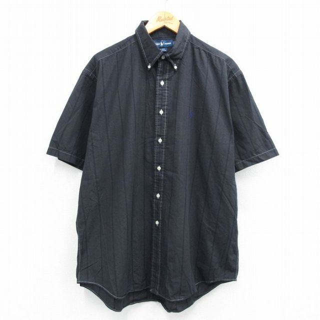XL★古着 ラルフローレン Ralph Lauren 半袖 ブランド シャツ メンズ 90年代 90s ワンポイントロゴ BLAKE 大きいサイズ コットン ボタンダウン 黒他 ブラック ストライプ 25jul26 中古 トップス