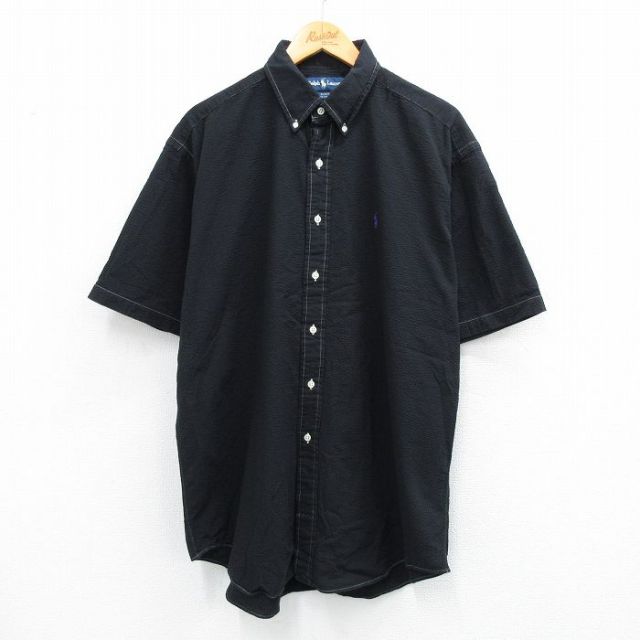 【50%OFF】XL★古着 ラルフローレン Ralph Lauren 半袖 ブランド シャツ メンズ 90年代 90s ワンポイントロゴ BLAKE シアサッカー 大きいサイズ ロング丈 コットン ボタンダウン 黒 ブラック 【spe】 25jul26 中古 トップス