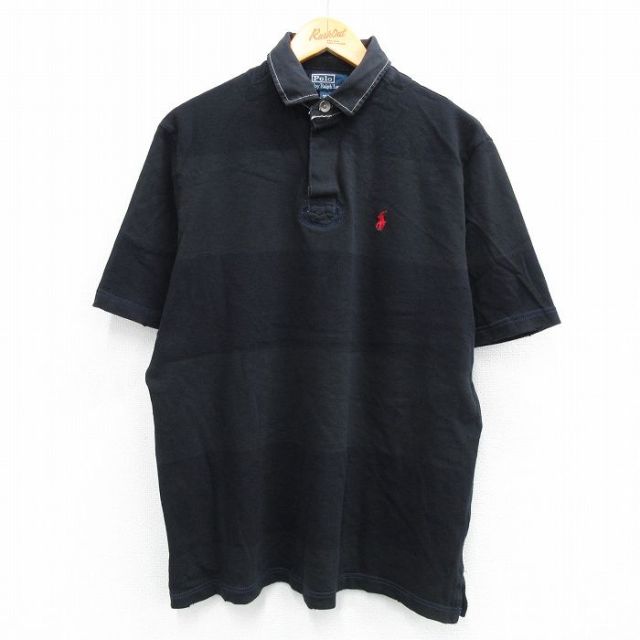 L★古着 ラルフローレン Ralph Lauren 半袖 ブランド ラガー シャツ メンズ 90年代 90s ワンポイントロゴ コットン 黒他 ブラック ボーダー 25jul26 中古 トップス