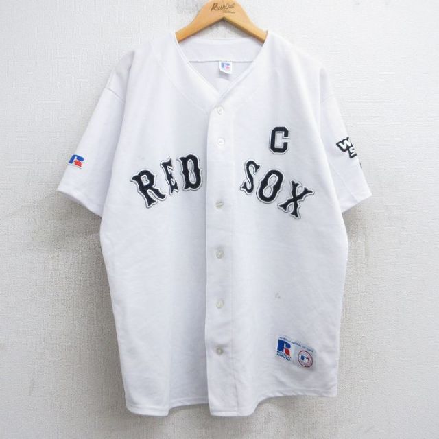 90s MLB オフィシャル ラッセル レッドソックス ベースボール シャツ メンズ XL 90年代 オールド ユニフォーム メジャーリーグ 半袖シャツ 古着通販 XL☆古着 ラッセル 半袖 ベースボール シャツ メンズ