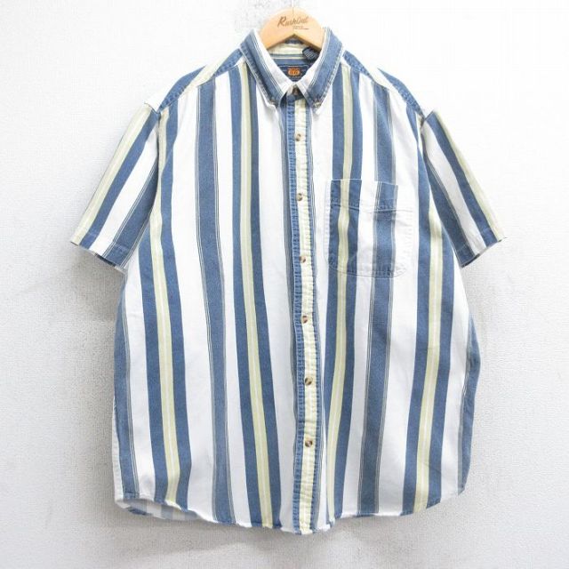 【50%OFF】XL★古着 ルート66 半袖 シャツ メンズ 00年代 00s コットン ボタンダウン 白他 ホワイト ストライプ 25jul30 中古 トップス