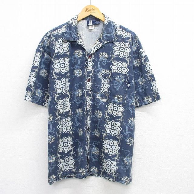XL★古着 NO FEAR 半袖 シャツ メンズ 90年代 90s 花 総柄 コットン 開襟 オープンカラー USA製 紺他 ネイビー 25jul30 中古 トップス