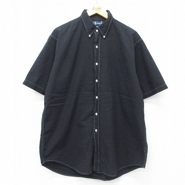 【50%OFF】XL★古着 ラルフローレン Ralph Lauren 半袖 ブランド シャツ メンズ 90年代 90s ワンポイントロゴ BLAIRE シアサッカー 大きいサイズ ロング丈 コットン ボタンダウン 黒他 ブラック ストライプ 【spe】 25jul31 中古 トップス