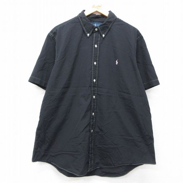 【50%OFF】XL★古着 ラルフローレン Ralph Lauren 半袖 ブランド シャツ メンズ 90年代 90s ワンポイントロゴ 大きいサイズ ロング丈 コットン ボタンダウン 黒 ブラック 25jul31 中古 トップス