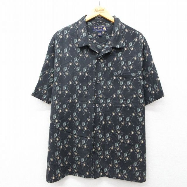 XL★古着 半袖 シャツ メンズ 総柄 シルク 開襟 オープンカラー 黒他 ブラック 25jul31 中古 トップス