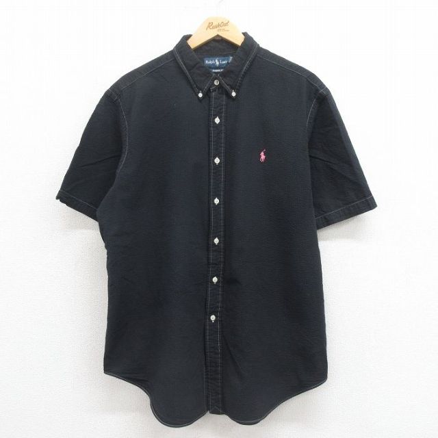 XL★古着 ラルフローレン Ralph Lauren 半袖 ブランド シャツ メンズ 90年代 90s ワンポイントロゴ シアサッカー 大きいサイズ コットン ボタンダウン 黒 ブラック 25aug02 中古 トップス