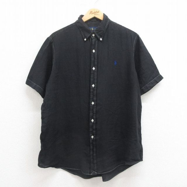 XL★古着 ラルフローレン Ralph Lauren 半袖 ブランド シャツ メンズ ワンポイントロゴ リネン ボタンダウン 黒 ブラック 25aug02 中古 トップス