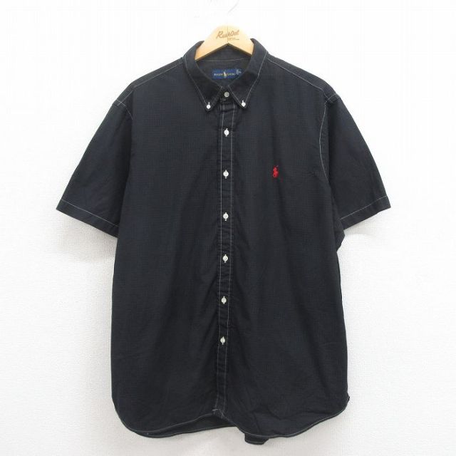XL★古着 ラルフローレン Ralph Lauren 半袖 ブランド シャツ メンズ ワンポイントロゴ 大きいサイズ コットン ボタンダウン 黒 ブラック チェック 25aug02 中古 トップス