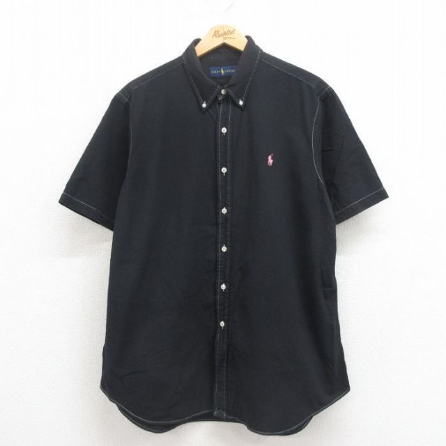 XL★古着 ラルフローレン Ralph Lauren 半袖 ブランド シャツ メンズ ワンポイントロゴ シアサッカー 大きいサイズ コットン ボタンダウン 黒 ブラック 25aug02 中古 トップス