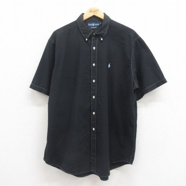 XL★古着 ラルフローレン Ralph Lauren 半袖 ブランド シャツ メンズ 90年代 90s ワンポイントロゴ シアサッカー 大きいサイズ コットン ボタンダウン 黒 ブラック 25aug02 中古 トップス
