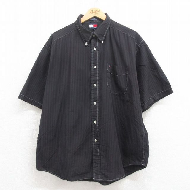 XL★古着 トミーヒルフィガー TOMMY HILFIGER 半袖 ブランド シャツ メンズ 90年代 90s ワンポイントロゴ 大きいサイズ コットン ボタンダウン 黒ストライプ ブラック 25aug02 中古 トップス