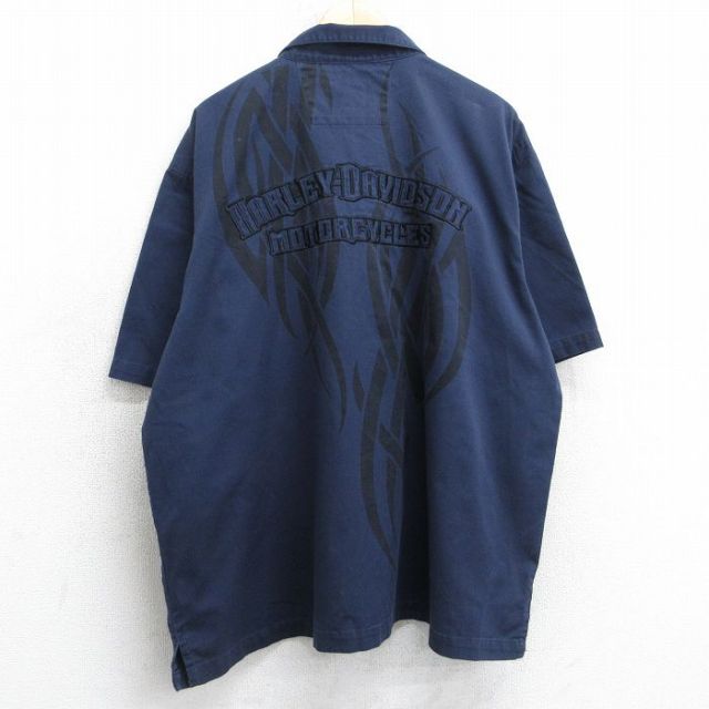 XL★古着 ハーレーダビッドソン Harley Davidson 半袖 シャツ メンズ 刺繍 大きいサイズ 紺 ネイビー 【spe】 25aug06 中古 トップス